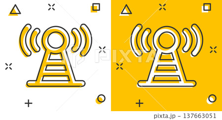 Antenna tower icon in comic style. Broadcasting cartoon vector illustration on white isolated background. Wifi splash effect business concept. 137663051