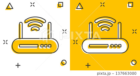 Wifi router icon in comic style. Broadband cartoon vector illustration on white isolated background. Internet connection splash effect business concept. 137663080