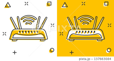 Wifi router icon in comic style. Broadband cartoon vector illustration on white isolated background. Internet connection splash effect business concept. 137663084
