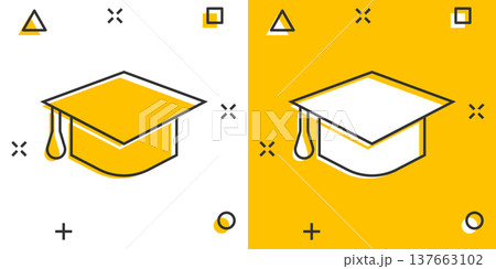 Graduation hat icon in comic style. Student cap cartoon vector illustration on white isolated background. University splash effect business concept. 137663102