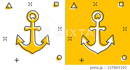 Boat anchor icon in comic style. Vessel hook cartoon vector illustration on white isolated background. Ship equipment splash effect business concept. 137663103