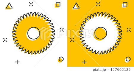 Saw blade icon in comic style. Circular machine cartoon vector illustration on white isolated background. Rotary disc splash effect business concept. 137663123