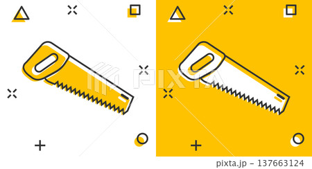 Saw blade icon in comic style. Working tools cartoon vector illustration on white isolated background. Hammer splash effect business concept. Saw blade icon in comic style. Working tools cartoon vector illustration on white isolated background. Hammer splash effect business concept. 137663124