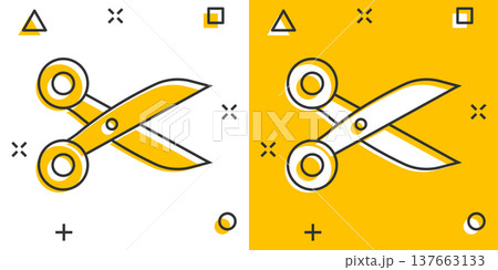 Scissor icon in comic style. Cut equipment cartoon vector illustration on white isolated background. Cutter splash effect business concept. Scissor icon in comic style. Cut equipment cartoon vector illustration on white isolated background. Cutter splash effect business concept. 137663133