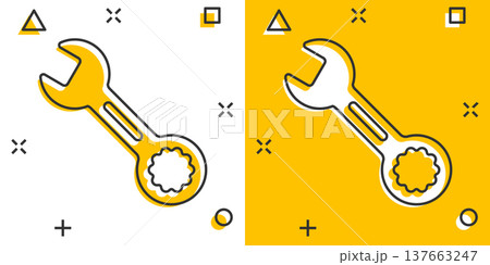 Wrench icon in comic style. Spanner key cartoon vector illustration on white isolated background. Repair equipment splash effect business concept. 137663247