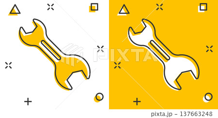 Wrench icon in comic style. Spanner key cartoon vector illustration on white isolated background. Repair equipment splash effect business concept. 137663248