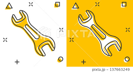 Wrench icon in comic style. Spanner key cartoon vector illustration on white isolated background. Repair equipment splash effect business concept. Wrench icon in comic style. Spanner key cartoon vector illustration on white isolated background. Repair equipment splash effect business concept. 137663249