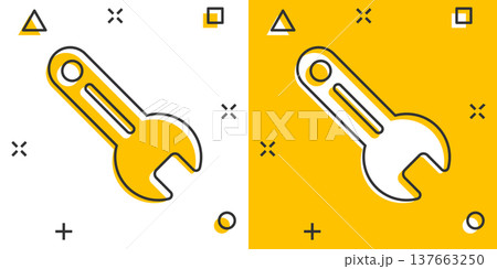 Wrench icon in comic style. Spanner key cartoon vector illustration on white isolated background. Repair equipment splash effect business concept. Wrench icon in comic style. Spanner key cartoon vector illustration on white isolated background. Repair equipment splash effect business concept. 137663250
