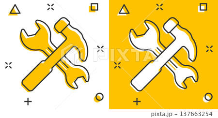 Hammer with wrench icon in flat style. Work instrument vector illustration on white isolated background. Repair equipment business concept. Hammer with wrench icon in flat style. Work instrument vector illustration on white isolated background. Repair equipment business concept. 137663254