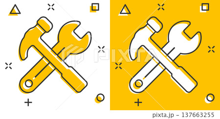 Hammer with wrench icon in flat style. Work instrument vector illustration on white isolated background. Repair equipment business concept. Hammer with wrench icon in flat style. Work instrument vector illustration on white isolated background. Repair equipment business concept. 137663255