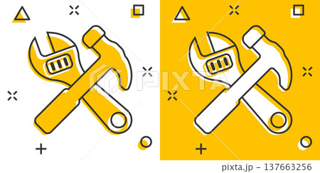 Hammer with wrench icon in flat style. Work instrument vector illustration on white isolated background. Repair equipment business concept. Hammer with wrench icon in flat style. Work instrument vector illustration on white isolated background. Repair equipment business concept. 137663256