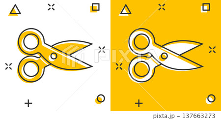 Scissor icon in comic style. Cut equipment cartoon vector illustration on white isolated background. Cutter splash effect business concept. 137663273
