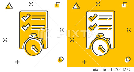 Document witch clock icon in comic style. Checklist survey cartoon vector illustration on white isolated background. Fast service splash effect business concept. Document witch clock icon in comic style. Checklist survey cartoon vector illustration on white isolated background. Fast service splash effect business concept. 137663277