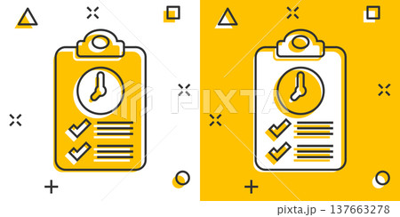 Document witch clock icon in comic style. Checklist survey cartoon vector illustration on white isolated background. Fast service splash effect business concept. Document witch clock icon in comic style. Checklist survey cartoon vector illustration on white isolated background. Fast service splash effect business concept. 137663278