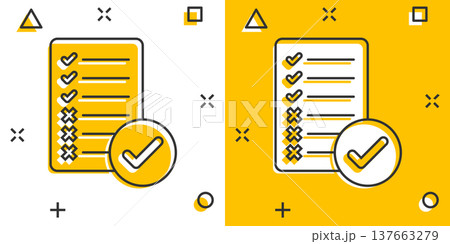Document checklist icon in comic style. Report cartoon vector illustration on white isolated background. Paper sheet splash effect business concept. 137663279
