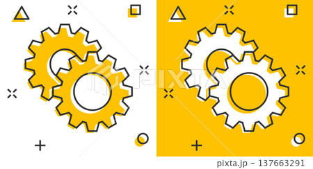 Gear vector icon in comic style. Cog wheel cartoon illustration on white isolated background. Gearwheel cogwheel splash effect business concept. 137663291
