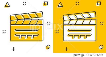 Film icon in comic style. Movie cartoon vector illustration on white isolated background. Clapper video splash effect business concept. Film icon in comic style. Movie cartoon vector illustration on white isolated background. Clapper video splash effect business concept. 137663294