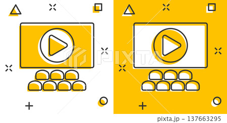 Film icon in comic style. Movie cartoon vector illustration on white isolated background. Cinema theater splash effect business concept. Film icon in comic style. Movie cartoon vector illustration on white isolated background. Cinema theater splash effect business concept. 137663295