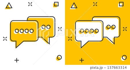 Speak chat sign icon in comic style. Speech bubbles cartoon vector illustration on white isolated background. Team discussion button splash effect business concept. Speak chat sign icon in comic style. Speech bubbles cartoon vector illustration on white isolated background. Team discussion button splash effect business concept. 137663314