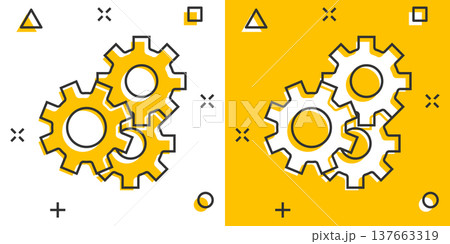 Gears vector icon in comic style. Cog wheels cartoon illustration on white isolated background. Gearwheel cogwheel splash effect business concept. Gears vector icon in comic style. Cog wheels cartoon illustration on white isolated background. Gearwheel cogwheel splash effect business concept. 137663319