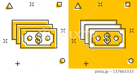 Dollar currency banknote icon in comic style. Dollar cash cartoon vector illustration on white isolated background. Banknote bill splash effect business concept. 137663333