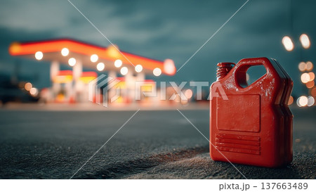 A red gasoline canister stands on the pavement in front of a brightly lit gas station at night. The scene reflects themes of fuel shortages and rising prices. 137663489