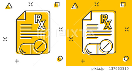 Prescription icon in comic style. Rx document cartoon vector illustration on white isolated background. Paper splash effect business concept. 137663519