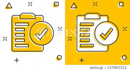 Document checkbox icon in comic style. Test cartoon vector illustration on white isolated background. Contract splash effect business concept. Document checkbox icon in comic style. Test cartoon vector illustration on white isolated background. Contract splash effect business concept. 137663522