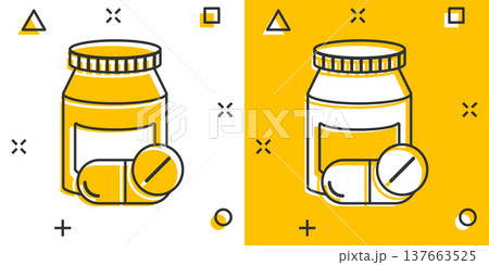 Pill bottle icon in comic style. Drugs cartoon vector illustration on white isolated background. Pharmacy splash effect business concept. Pill bottle icon in comic style. Drugs cartoon vector illustration on white isolated background. Pharmacy splash effect business concept. 137663525