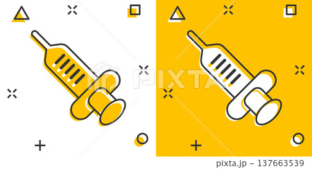 Syringe icon in comic style. Inject needle cartoon vector illustration on white isolated background. Drug dose splash effect business concept. Syringe icon in comic style. Inject needle cartoon vector illustration on white isolated background. Drug dose splash effect business concept. 137663539