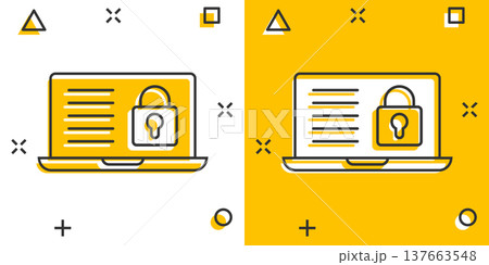 Locker computer icon in comic style. Padlock laptop cartoon vector illustration on white isolated background. Key unlock splash effect business concept. Locker computer icon in comic style. Padlock laptop cartoon vector illustration on white isolated background. Key unlock splash effect business concept. 137663548