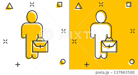 Businessman with briefcase icon in comic style. People manager cartoon vector illustration on white isolated background. Employee splash effect business concept. Businessman with briefcase icon in comic style. People manager cartoon vector illustration on white isolated background. Employee splash effect business concept. 137663580