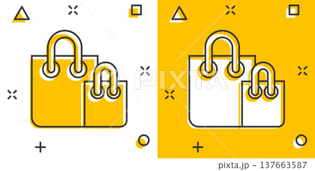 Shopping bag icon in comic style. Handbag cartoon sign vector illustration on white isolated background. Package splash effect business concept. Shopping bag icon in comic style. Handbag cartoon sign vector illustration on white isolated background. Package splash effect business concept. 137663587