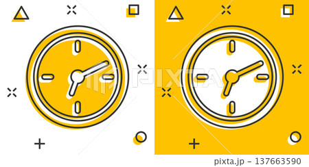 Clock icon in comic style. Watch cartoon vector illustration on white isolated background. Timer splash effect business concept. Clock icon in comic style. Watch cartoon vector illustration on white isolated background. Timer splash effect business concept. 137663590