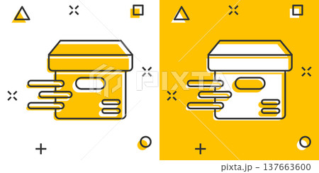 Shipping box icon in comic style. Container cartoon vector illustration on white isolated background. Cardboard package splash effect business concept. 137663600