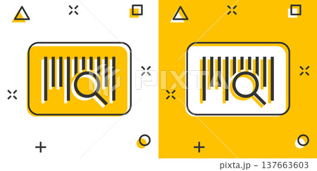 Barcode icon in comic style. Product distribution cartoon vector illustration on white isolated background. Bar code splash effect business concept. Barcode icon in comic style. Product distribution cartoon vector illustration on white isolated background. Bar code splash effect business concept. 137663603
