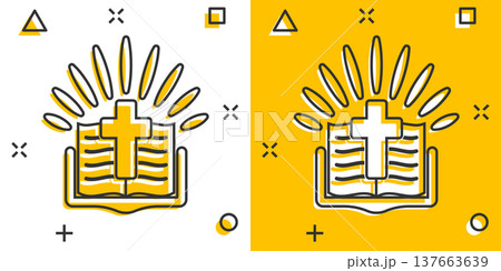 Bible book icon in comic style. Church faith cartoon vector illustration on white isolated background. Spirituality splash effect business concept. 137663639
