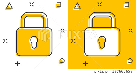Padlock icon in comic style. Lock cartoon vector illustration on white isolated background. Private splash effect business concept. 137663655
