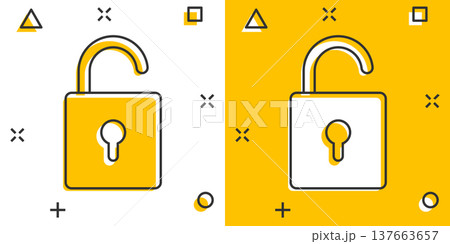 Padlock icon in comic style. Lock cartoon vector illustration on white isolated background. Private splash effect business concept. Padlock icon in comic style. Lock cartoon vector illustration on white isolated background. Private splash effect business concept. 137663657