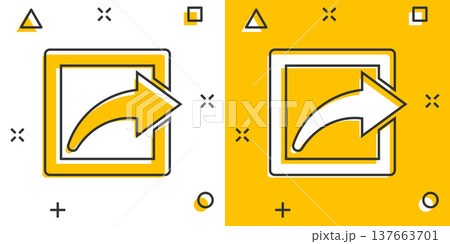 Share button icon in comic style. Arrow cartoon sign vector illustration on white isolated background. Send file splash effect business concept. Share button icon in comic style. Arrow cartoon sign vector illustration on white isolated background. Send file splash effect business concept. 137663701