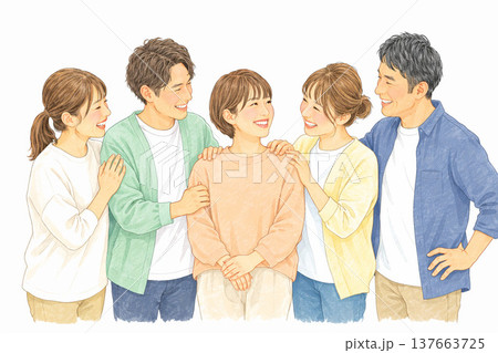 笑顔で支え合うケアスタッフチームの人物イラスト(福祉・介護イメージ) 笑顔で支え合うケアスタッフチームの人物イラスト(福祉・介護イメージ) 137663725