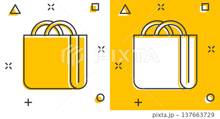 Shopping bag icon in comic style. Handbag cartoon sign vector illustration on white isolated background. Package splash effect business concept. Shopping bag icon in comic style. Handbag cartoon sign vector illustration on white isolated background. Package splash effect business concept. 137663729