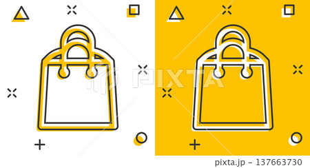 Shopping bag icon in comic style. Handbag cartoon sign vector illustration on white isolated background. Package splash effect business concept. Shopping bag icon in comic style. Handbag cartoon sign vector illustration on white isolated background. Package splash effect business concept. 137663730