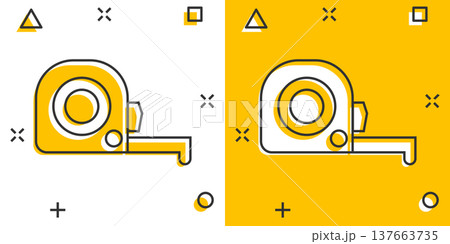 Measure tape icon in comic style. Ruler cartoon sign vector illustration on white isolated background. Meter splash effect business concept. Measure tape icon in comic style. Ruler cartoon sign vector illustration on white isolated background. Meter splash effect business concept. 137663735
