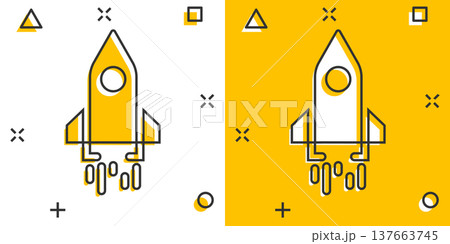 Rocket icon in comic style. Spaceship launch cartoon vector illustration on white isolated background. Sputnik splash effect business concept. 137663745