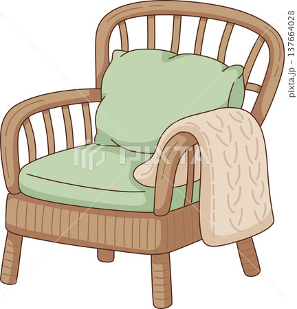 Minimalist Rattan Armchair with Green Cushion and Knitted Blanket Illustration, Cozy Wicker Chair for Home Interior Decor Minimalist Rattan Armchair with Green Cushion and Knitted Blanket Illustration, Cozy Wicker Chair for Home Interior Decor 137664028