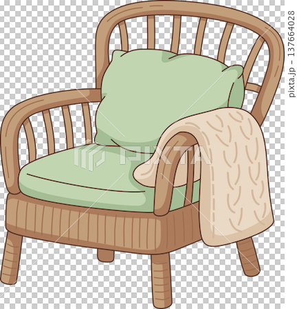 Minimalist Rattan Armchair with Green Cushion and Knitted Blanket Illustration, Cozy Wicker Chair for Home Interior Decor Minimalist Rattan Armchair with Green Cushion and Knitted Blanket Illustration, Cozy Wicker Chair for Home Interior Decor 137664028