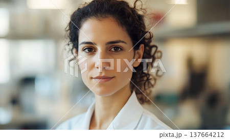 A young Middle-Eastern woman with curly hair stands confidently in a laboratory. She wears a white lab coat, symbolizing her role as a scientist and advocate for equality. 137664212