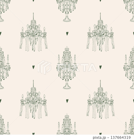 Elegant vintage seamless pattern with hand-drawn candelabras, antique candle-lit chandeliers, and hearts. Green retro illustrations on a beige background. Vector background for holidays, Valentines 137664319