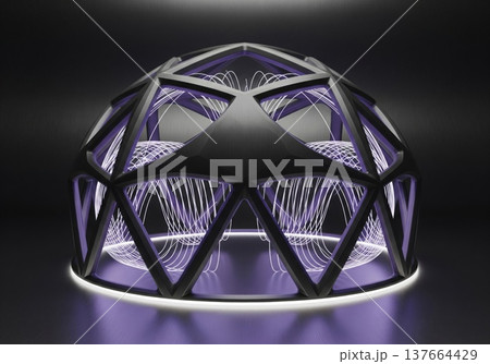 Futuristic geodesic dome with purple glowing lights and geometric 137664429